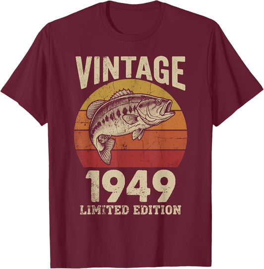 Vintage 1949 Fishing 77th Birthday Fisherman Limited Edition T-Shirt - T-Shirt | Maroon