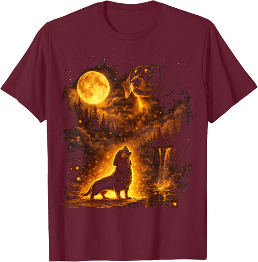 Vintage Moonlight Dog Funny Dachshund Howling at The Moon T-Shirt - T-Shirt | Maroon