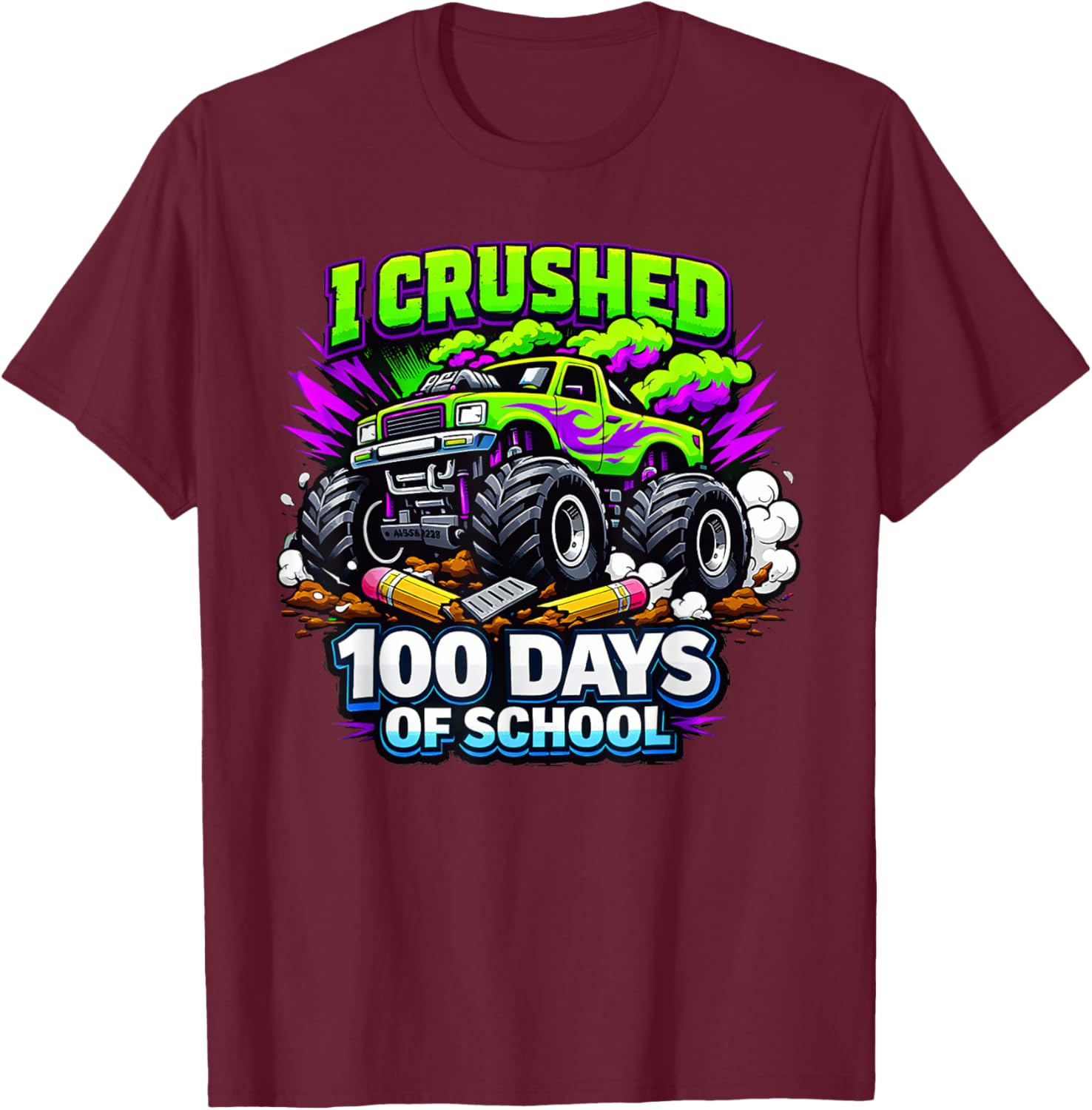 I Crushed 100 Days of School Monster Truck 100th Day Boys T-Shirt - T-Shirt | Maroon
