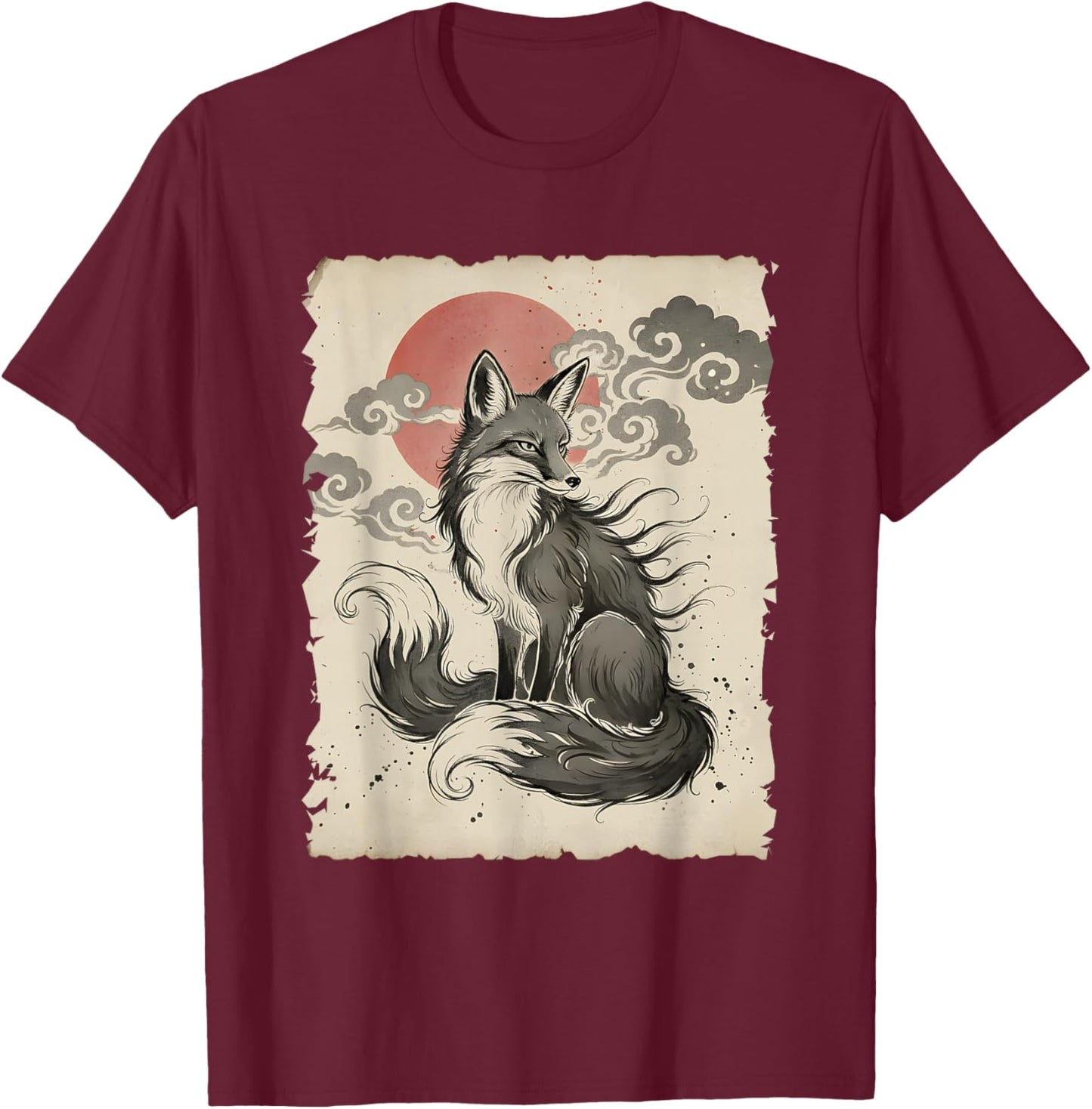 Fox Japanese Art Anime Style Kitsune Minimal Traditional Fox T-Shirt - T-Shirt | Maroon