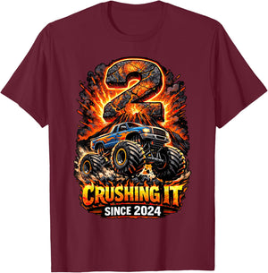 Birthday Monster Truck 2 Year Old Boys 2nd Party Born 2024 T-Shirt - T-Shirt | Maroon
