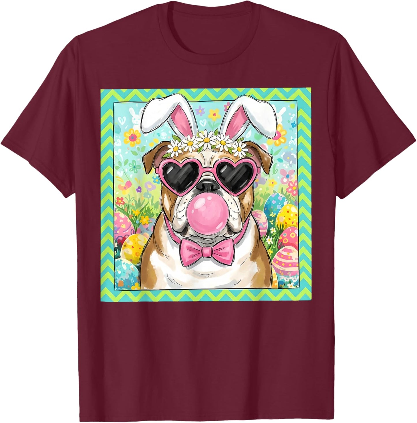 Easter Dog Bunny Ears Funny English Bulldog Easter Bunny Dog T-Shirt - T-Shirt | Maroon