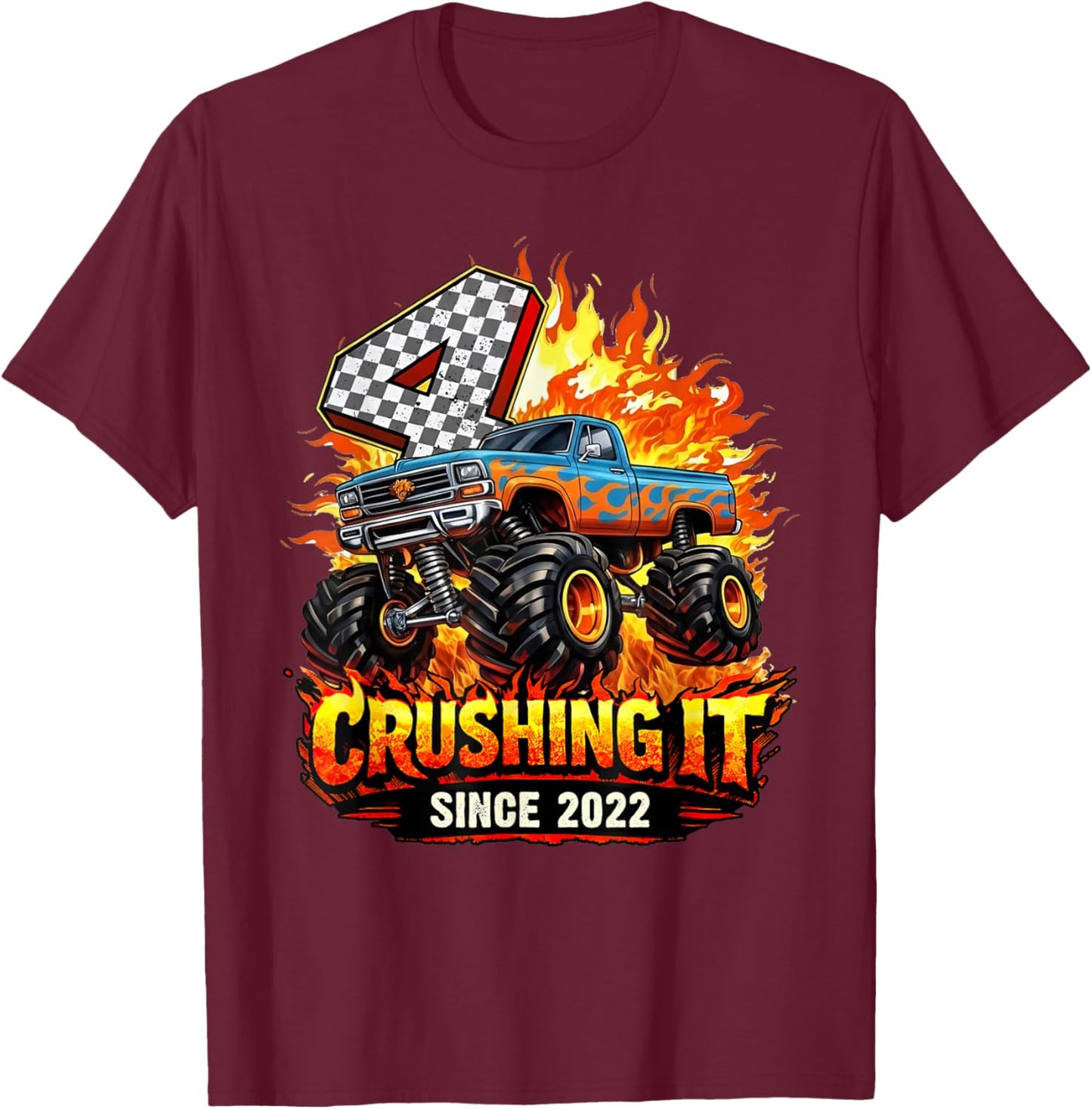 Birthday 4th Monster Truck 4 Year Old Since 2022 Boys Kids T-Shirt - T-Shirt | Maroon