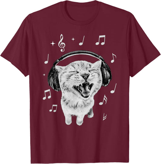 Y2K Cat Funny Singing Cat Headphones Music Retro Vintage 90s T-Shirt - T-Shirt | Maroon