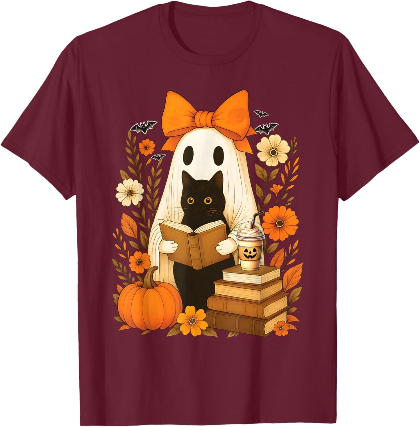 Groovy Floral Vintage Halloween Ghost Reading Book Cat Lover T-Shirt - T-Shirt | Maroon
