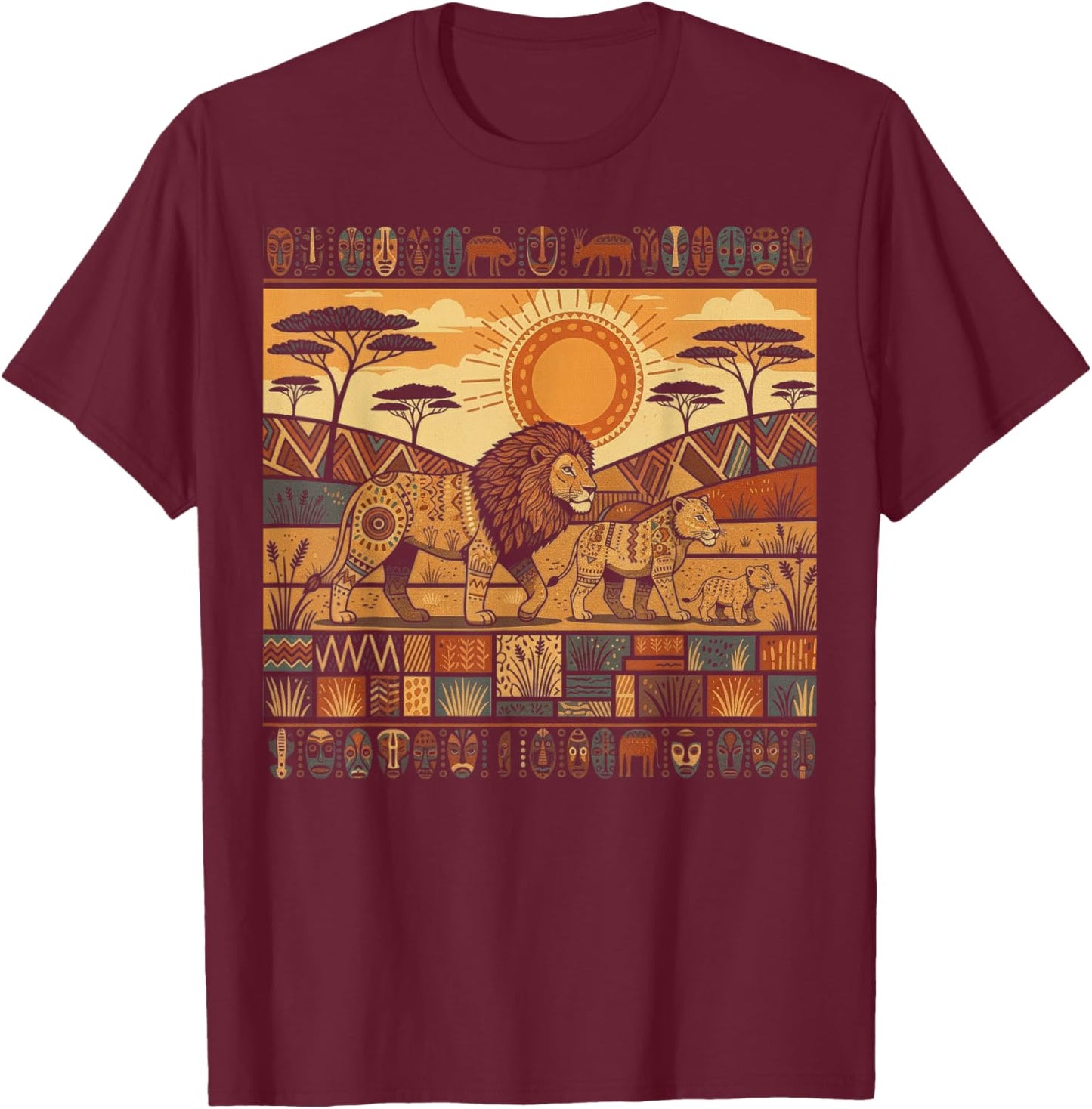 African Lion Family Tribal Kente Pattern Safari Ghana T-Shirt - T-Shirt | Maroon