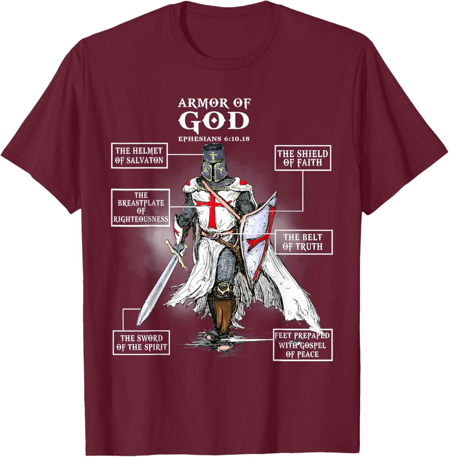 Armor of God Knight Templar Christian T-Shirt - T-Shirt | Maroon