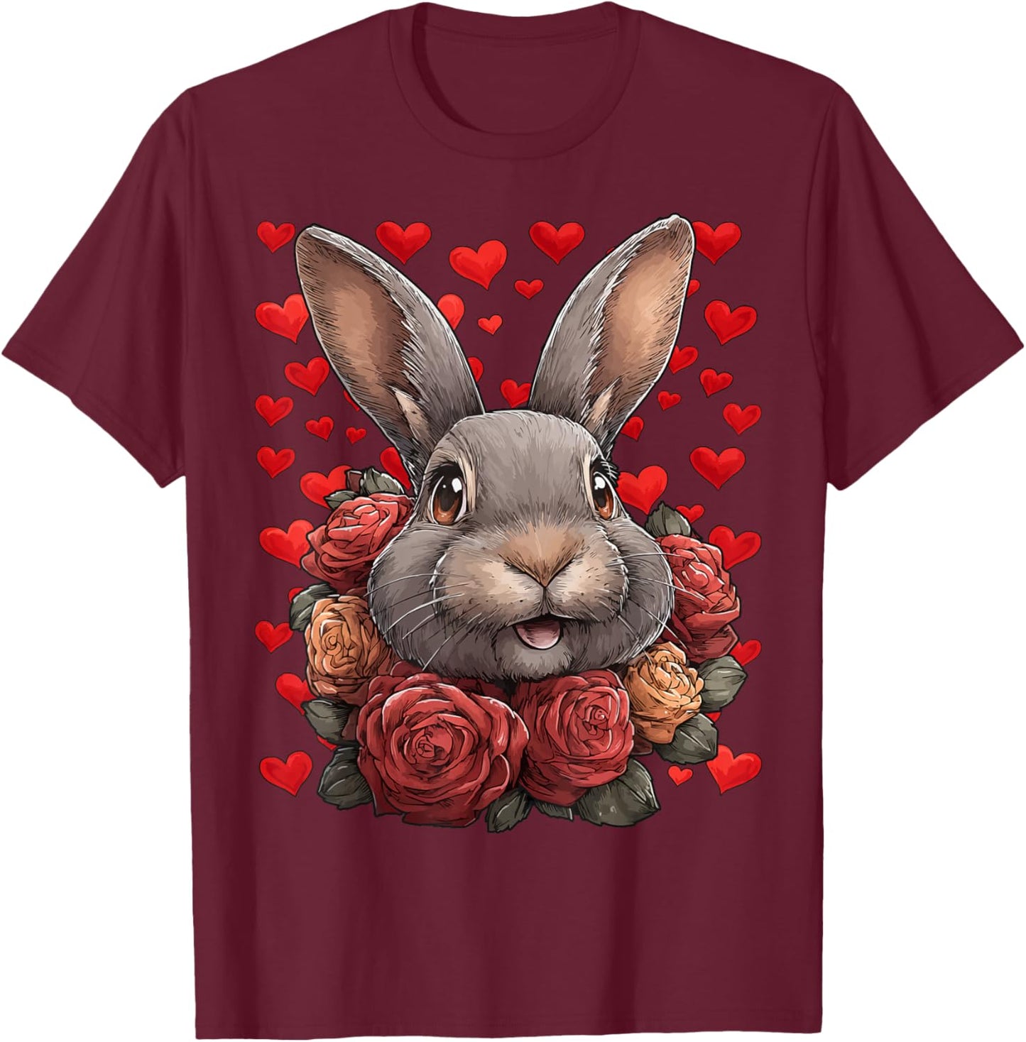 Cute Rabbit with Red Roses Hearts Valentine’s Day Animal T-Shirt - T-Shirt | Maroon