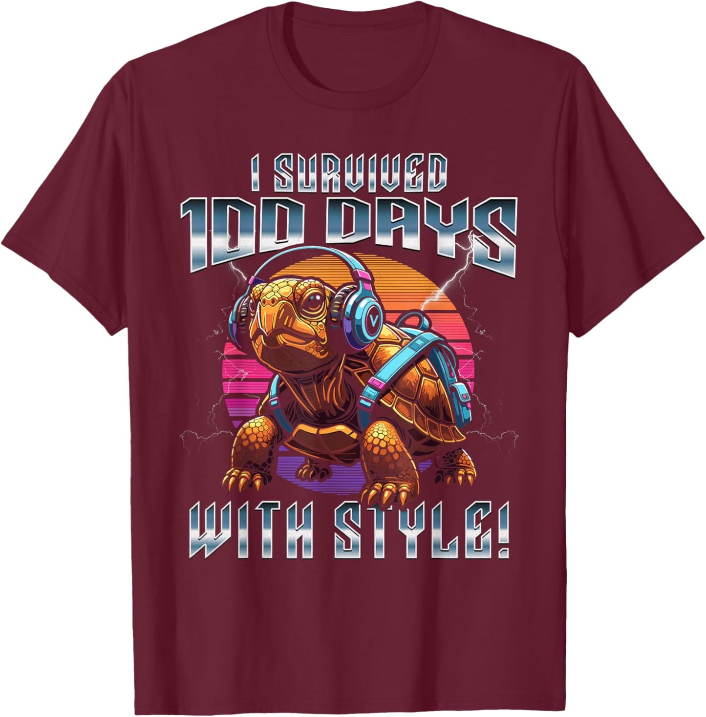 Retro I Survived 100 Days of School Turtle Kids Teacher T-Shirt - T-Shirt | Maroon