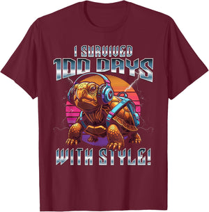 Retro I Survived 100 Days of School Turtle Kids Teacher T-Shirt - T-Shirt | Maroon
