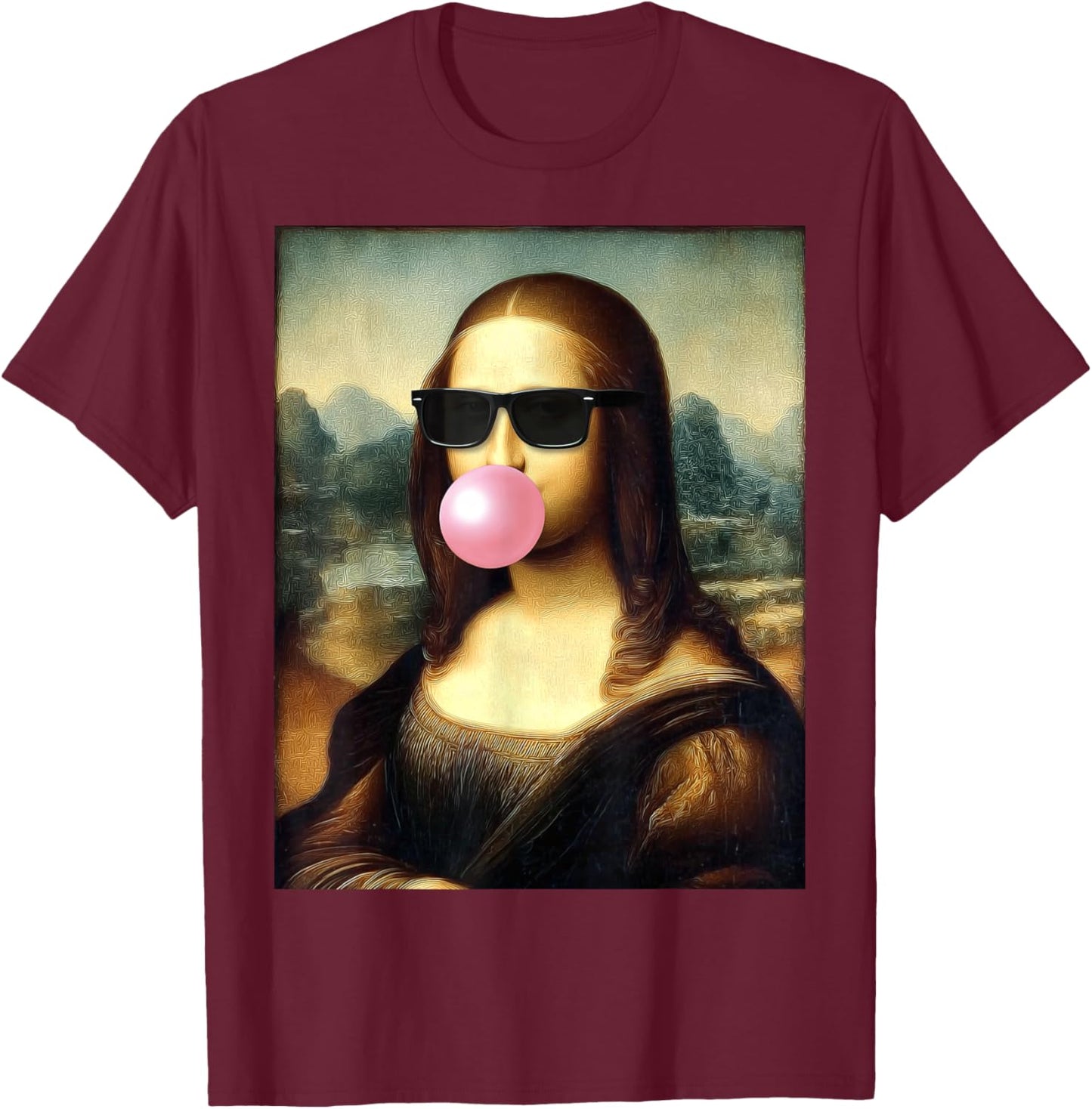 Funny Mona Lisa Pink Bubble Gum Portrait Painting Sunglasses T-Shirt - T-Shirt | Maroon