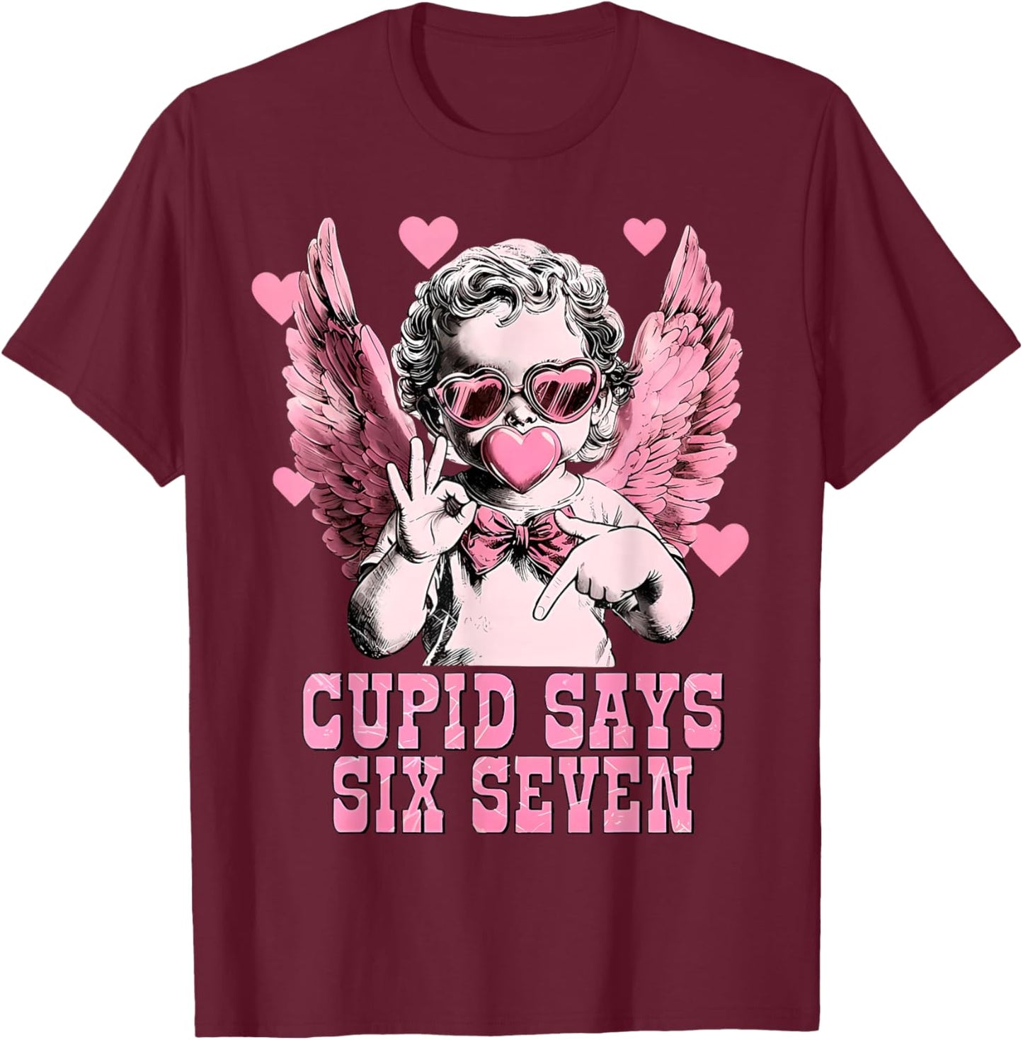 Retro Cupid Says Six Seven Hands Sign Blowing Bubble Hearts T-Shirt - T-Shirt | Maroon