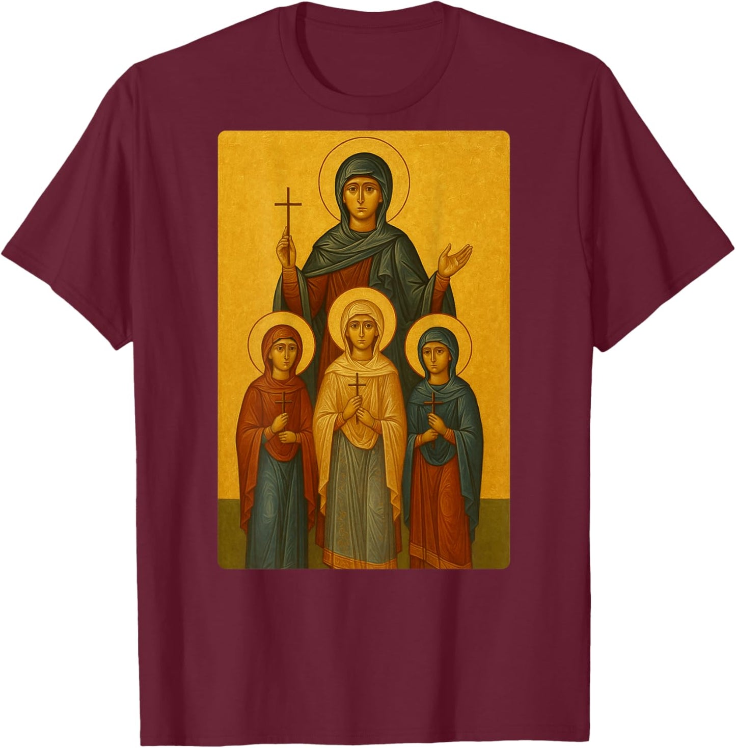 Orthodox Icon of Saint Sophia and her Daughters T-Shirt - T-Shirt | Maroon