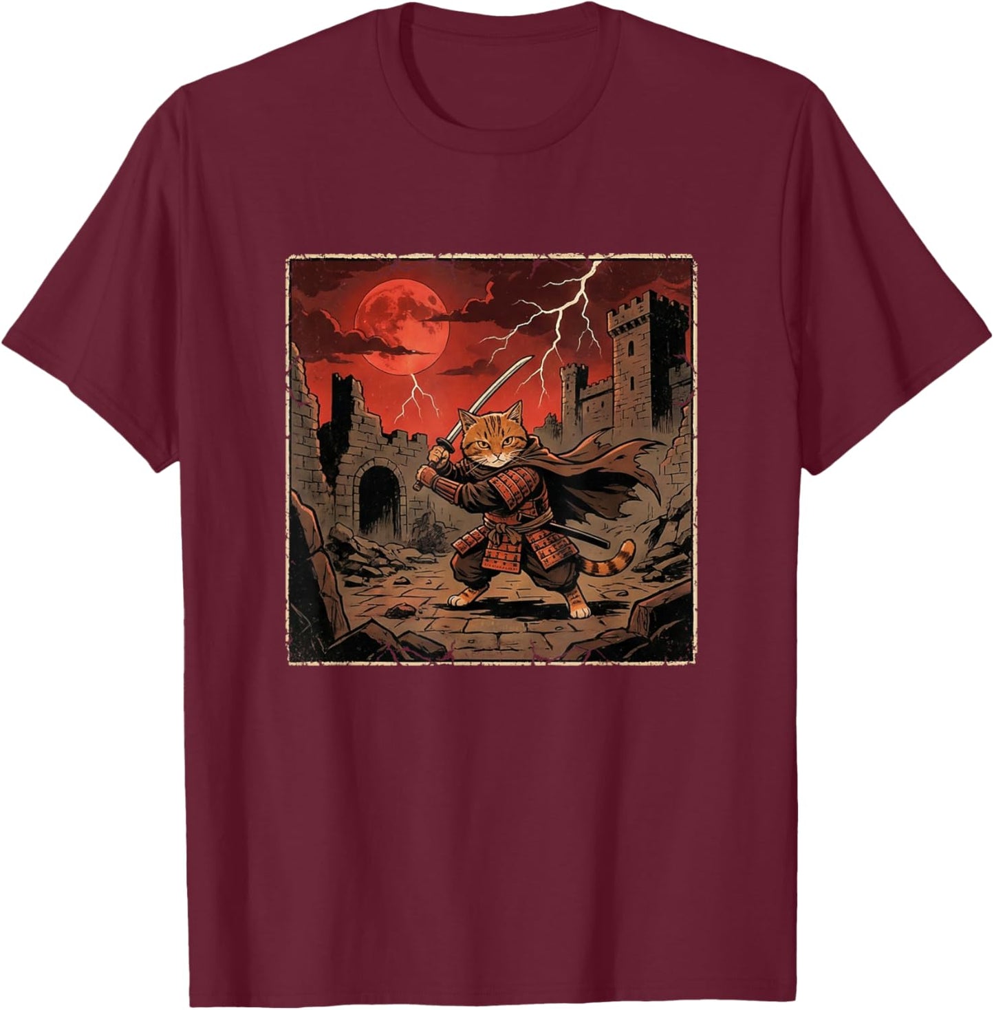 Japanese Vintage Warrior Samurai Orange Tabby Cat T-Shirt - T-Shirt | Maroon