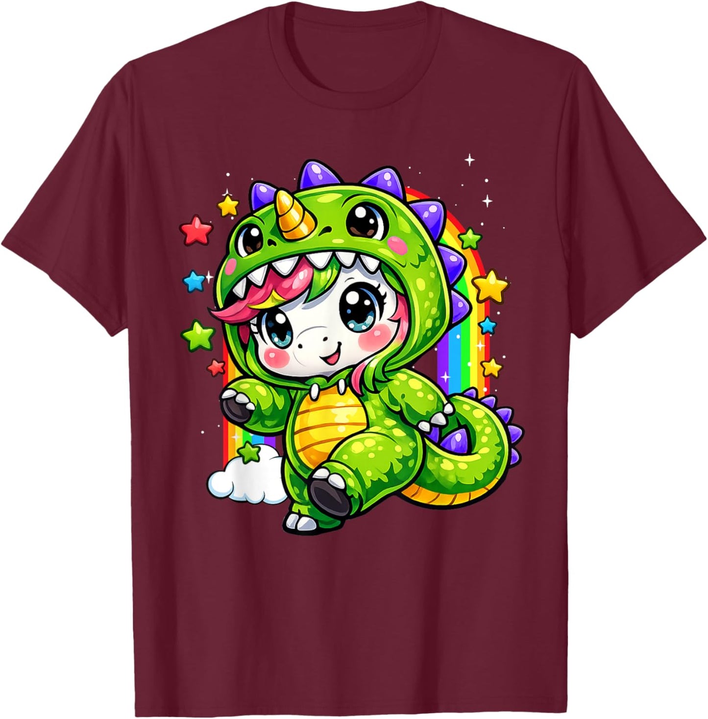 Unicorn Dinosaur Costume Cosplay Colourful Rainbow Boy Girl T-Shirt - T-Shirt | Maroon