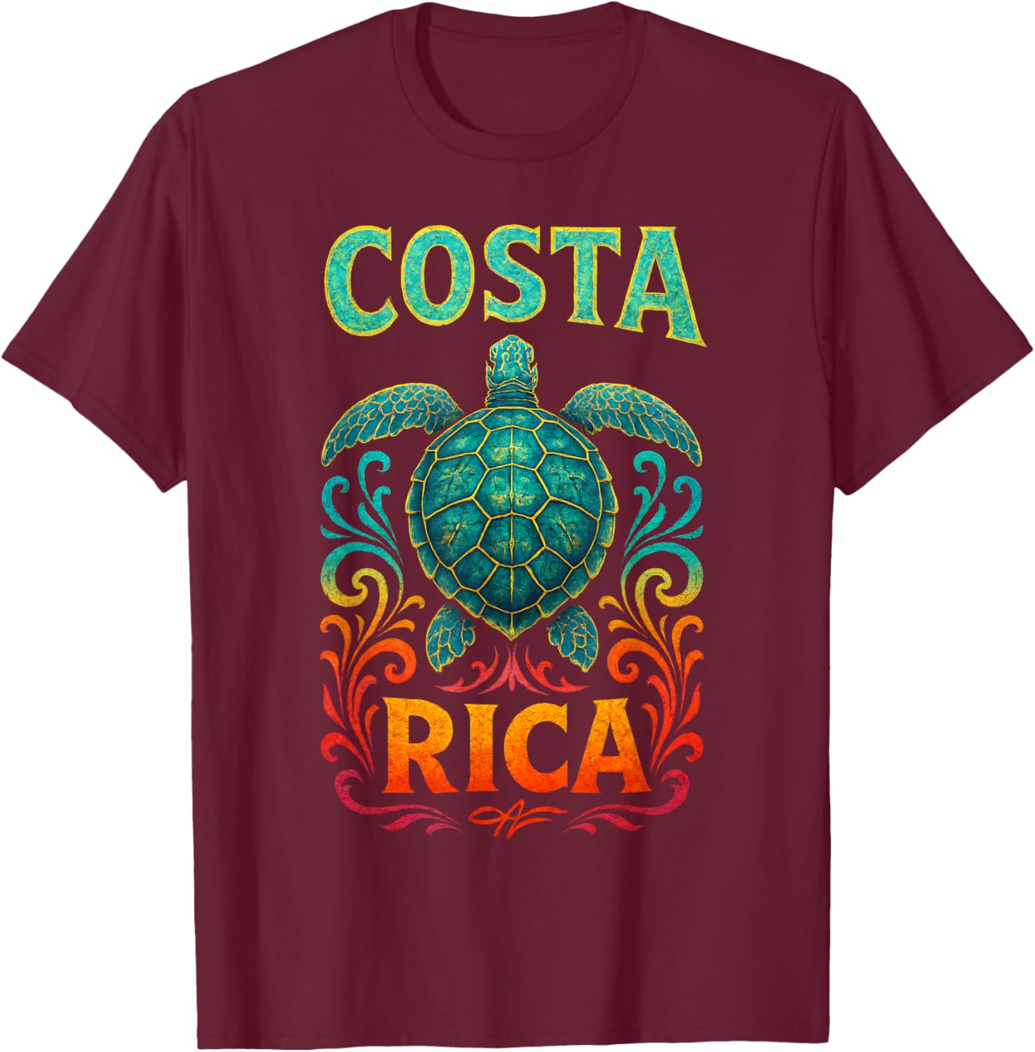Costa Rica Vibrant Sea Turtle Ornate Mosaic T-Shirt - T-Shirt | Maroon
