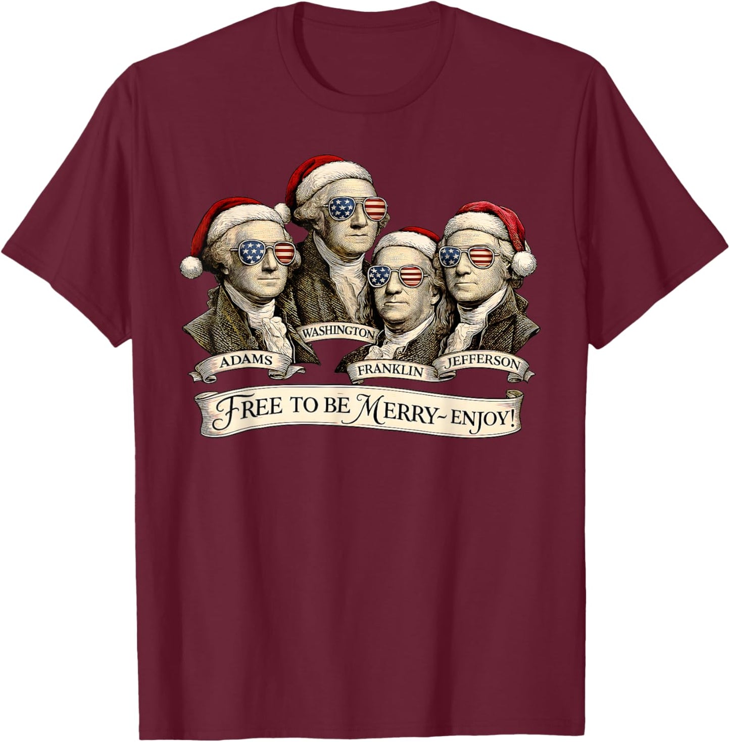 Vintage Founding Fathers Santa Hats Patriotic Christmas T-Shirt - T-Shirt | Maroon