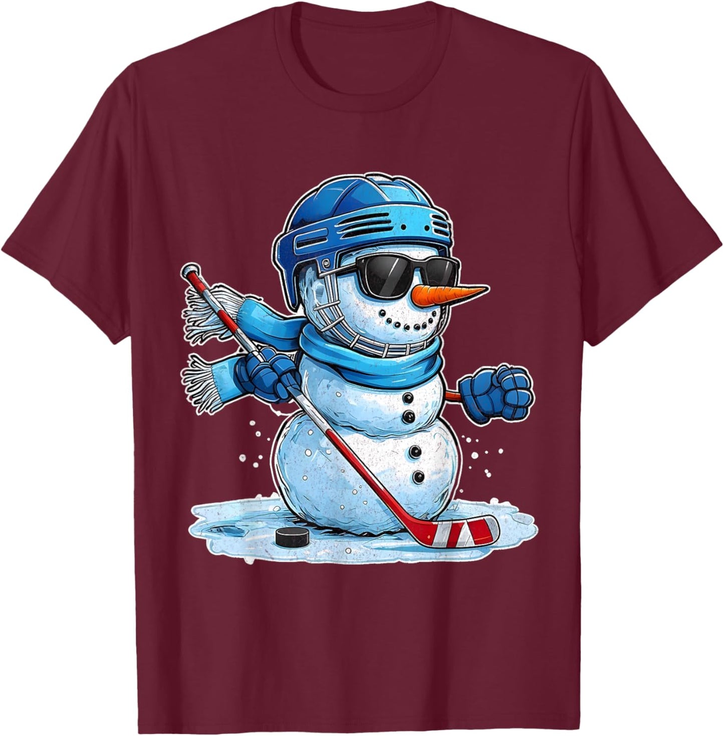 Cool Xmas Hockey Snowman Funny Winter Sports Christmas T-Shirt - T-Shirt | Maroon