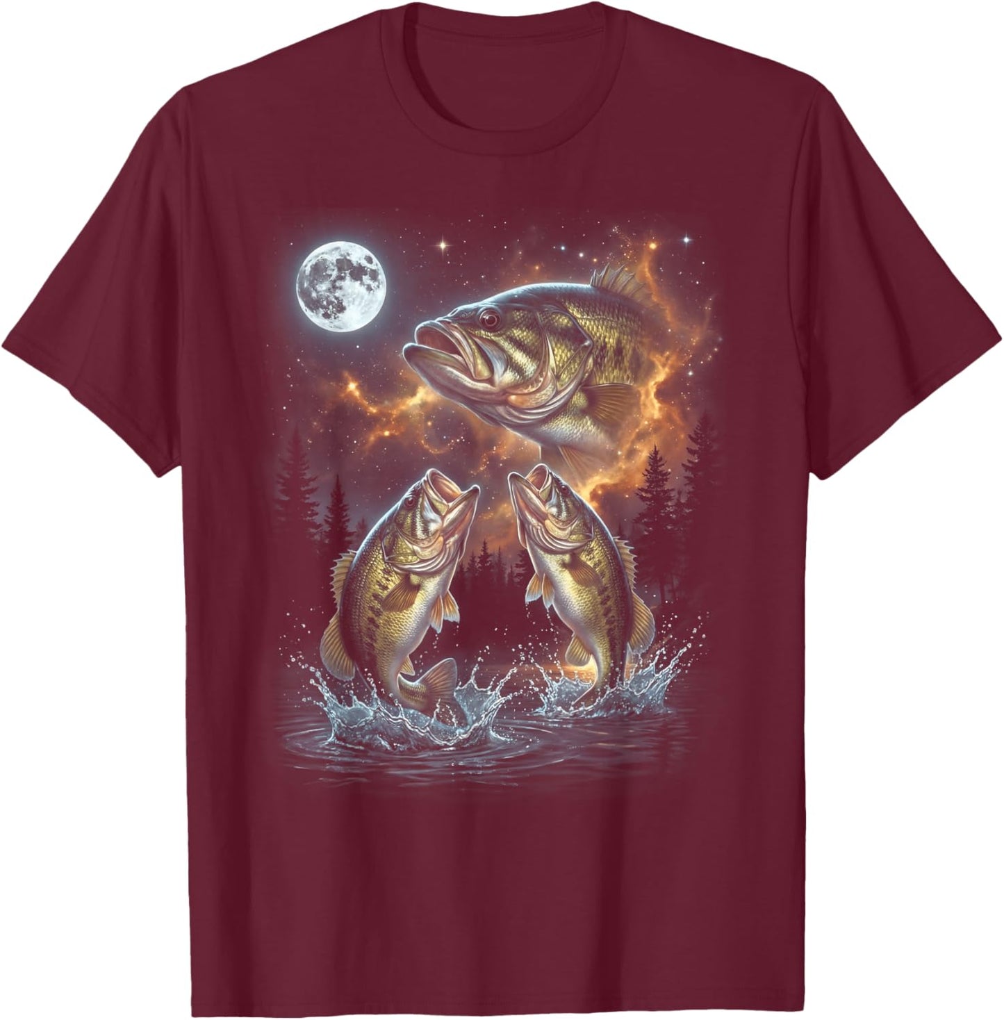 Bass Fish Howling at The Moon 90s Vintage Angler Fisherman T-Shirt - T-Shirt | Maroon
