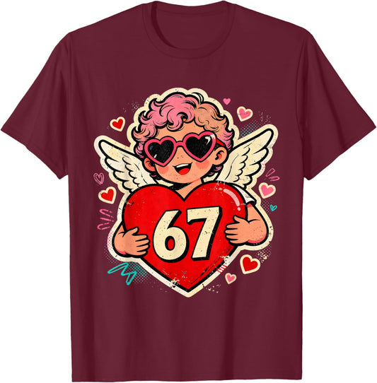 Valentine 67 Six Seven Cupid Heart Meme Design T-Shirt - T-Shirt | Maroon