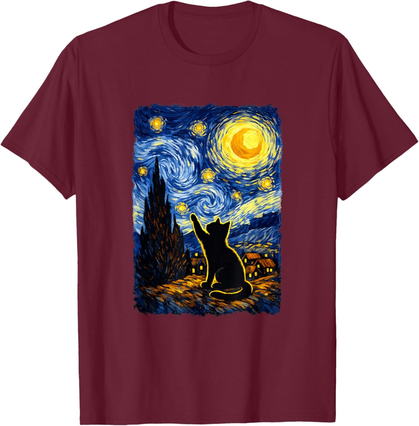 Starry Night Cat Art PostImpressionist T-Shirt - T-Shirt | Maroon