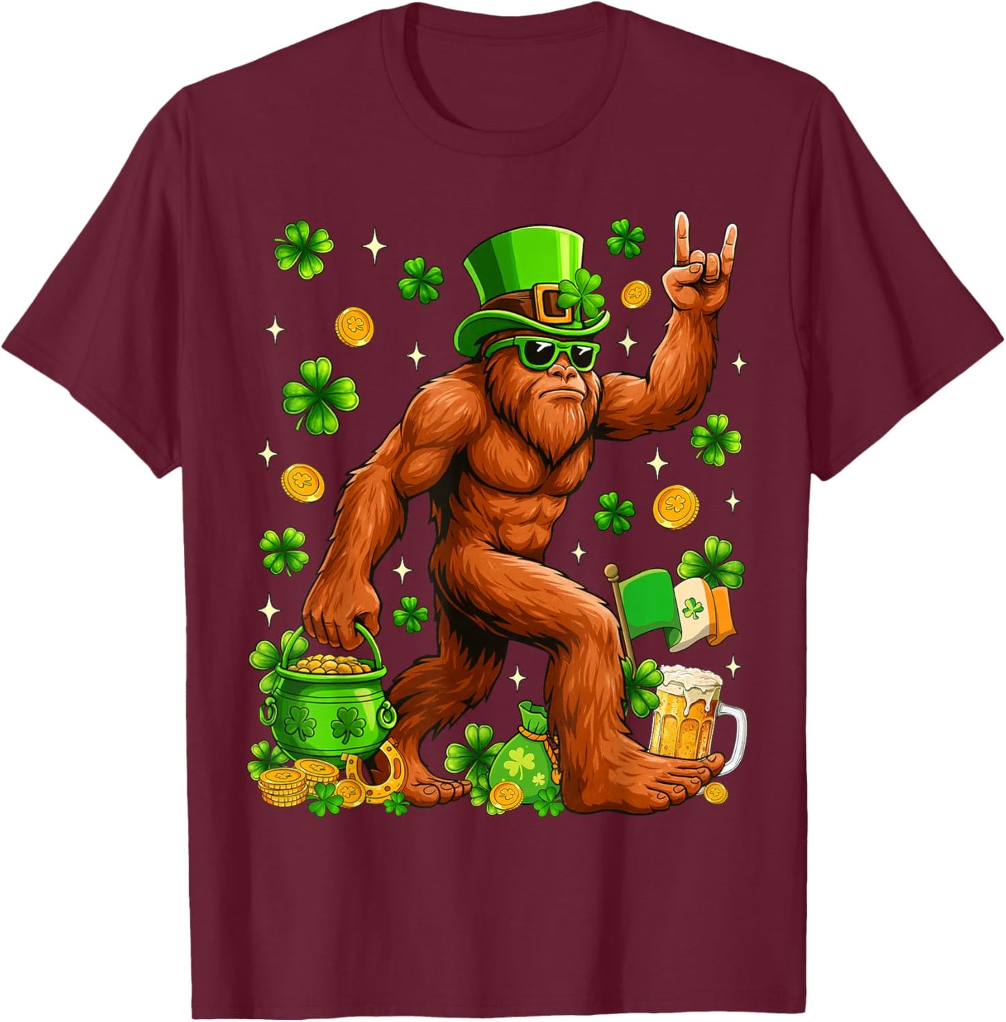 St Patricks Day Bigfoot Sasquatch Shamrock Men Women Kids T-Shirt - T-Shirt | Maroon