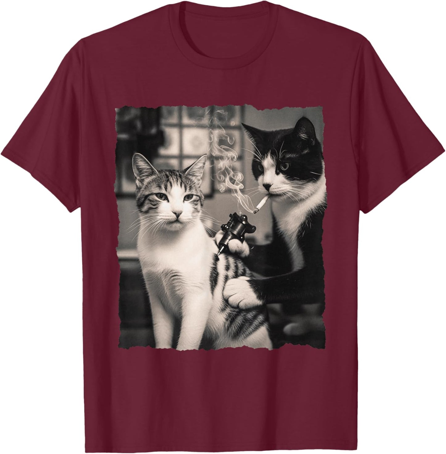 Vintage Cat Smoking Tattoo Inked Kitty Artist Funny Tattooin T-Shirt - T-Shirt | Maroon