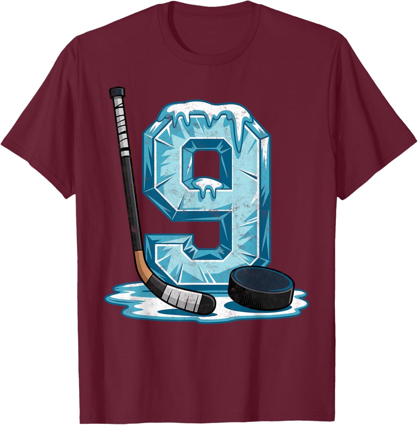 Ice Hockey 9 Years Birthday Boy 9th Bday Kids Hockey Party T-Shirt - T-Shirt | Maroon