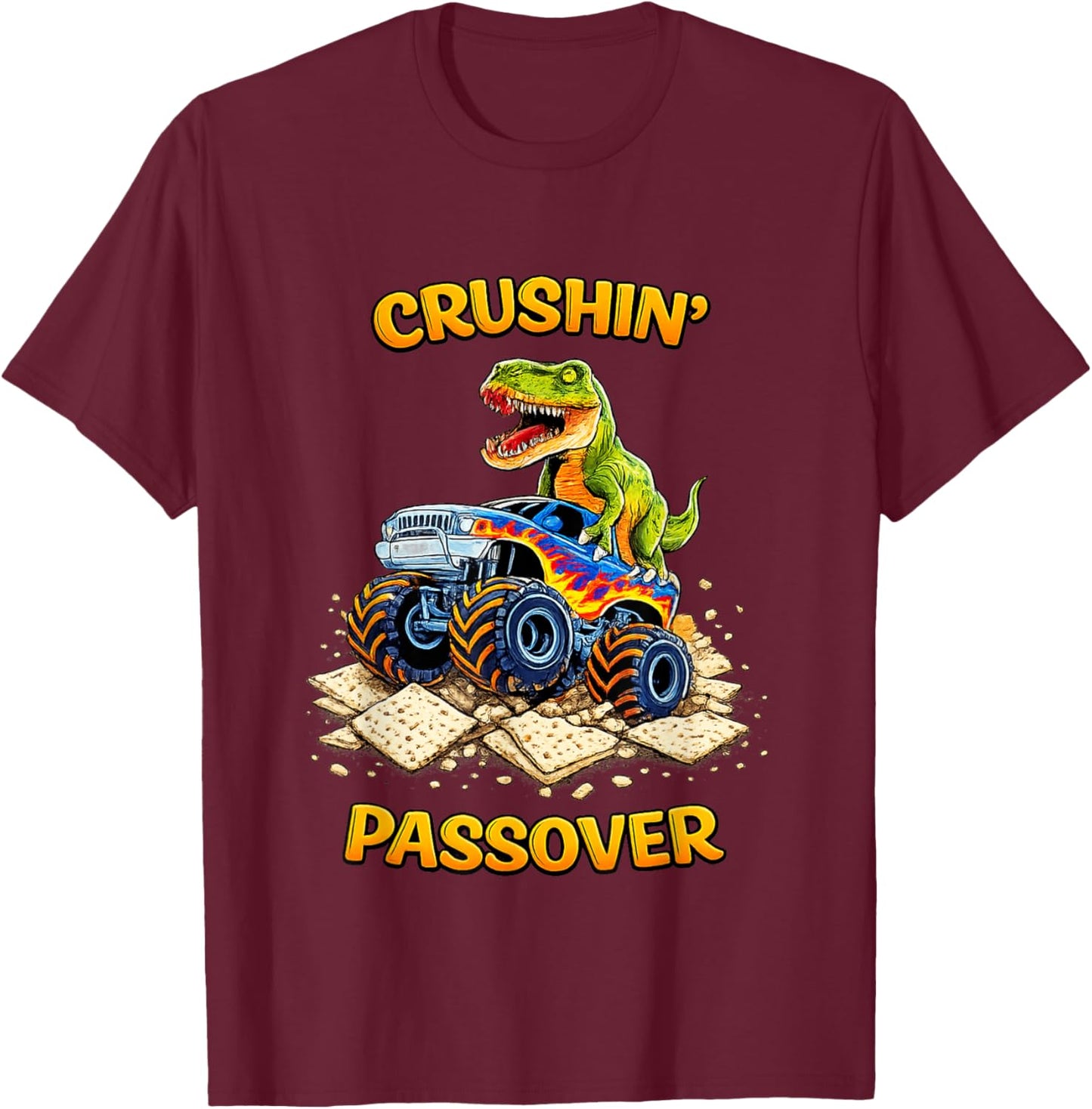 Funny Pesach Crushin' Passover Dinosaur Monster Truck Matzah T-Shirt - T-Shirt | Maroon
