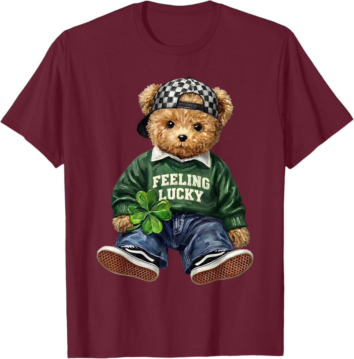 Cute Funny Teddy Bear Feeling Lucky Drinking St Patricks Day T-Shirt - T-Shirt | Maroon