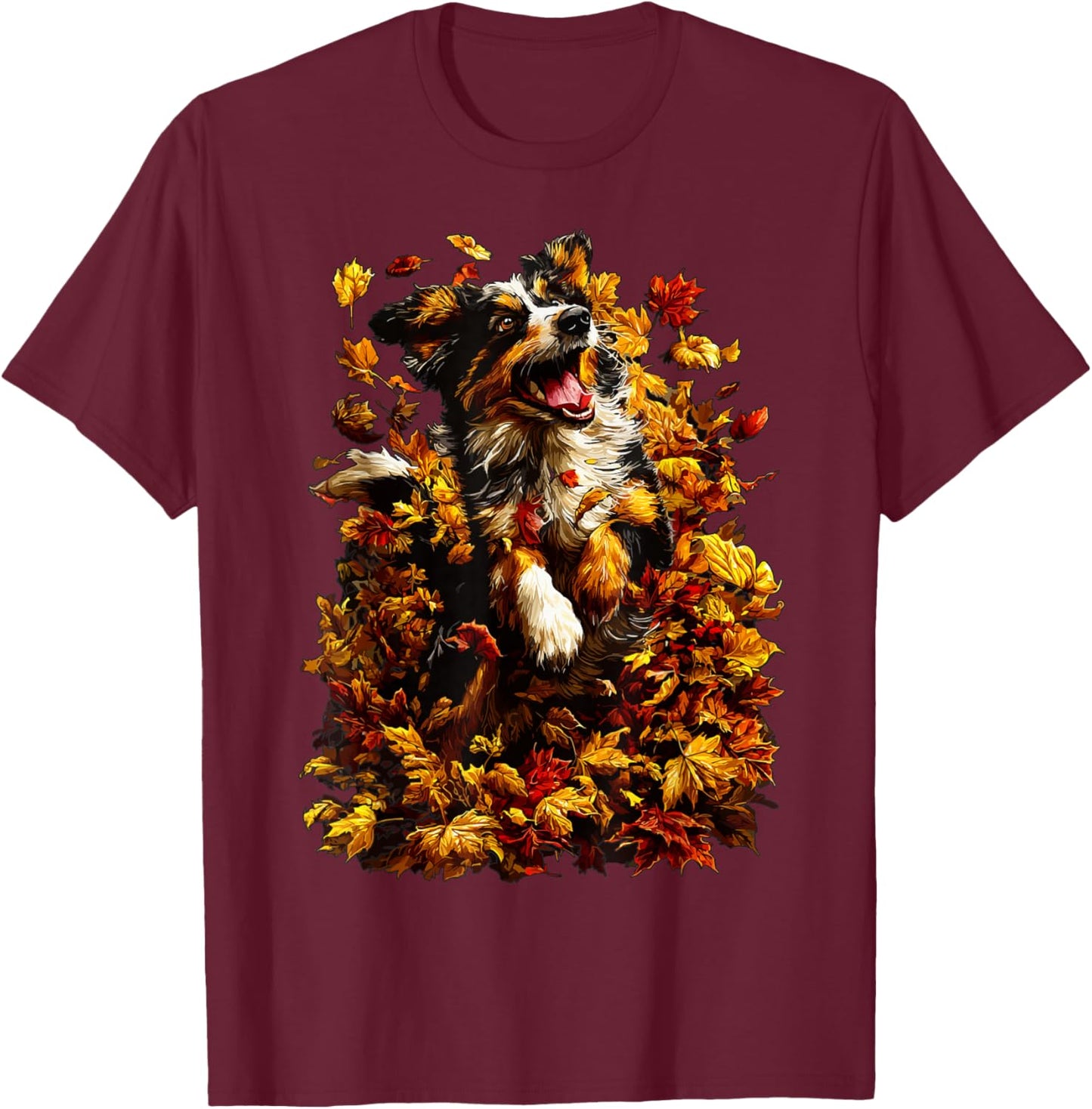 Cute Australian Shepherd with Fall Leaves Autumn Aesthetic T-Shirt - T-Shirt | Maroon