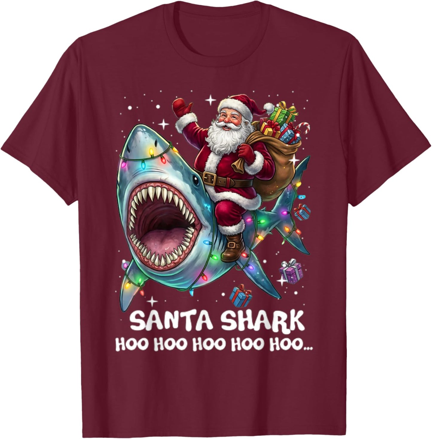 Santa Shark Ho Ho Ho Funny Christmas Lights Sharkmas Tree T-Shirt - T-Shirt | Maroon
