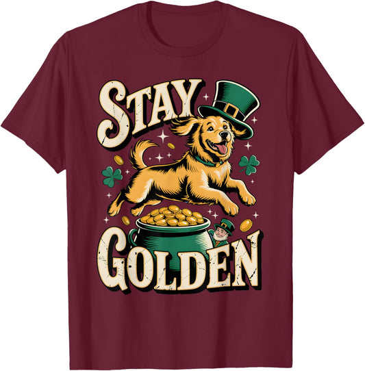 St Patrick Day Dog Shamrock Irish Golden Retriever Pot T-Shirt - T-Shirt | Maroon