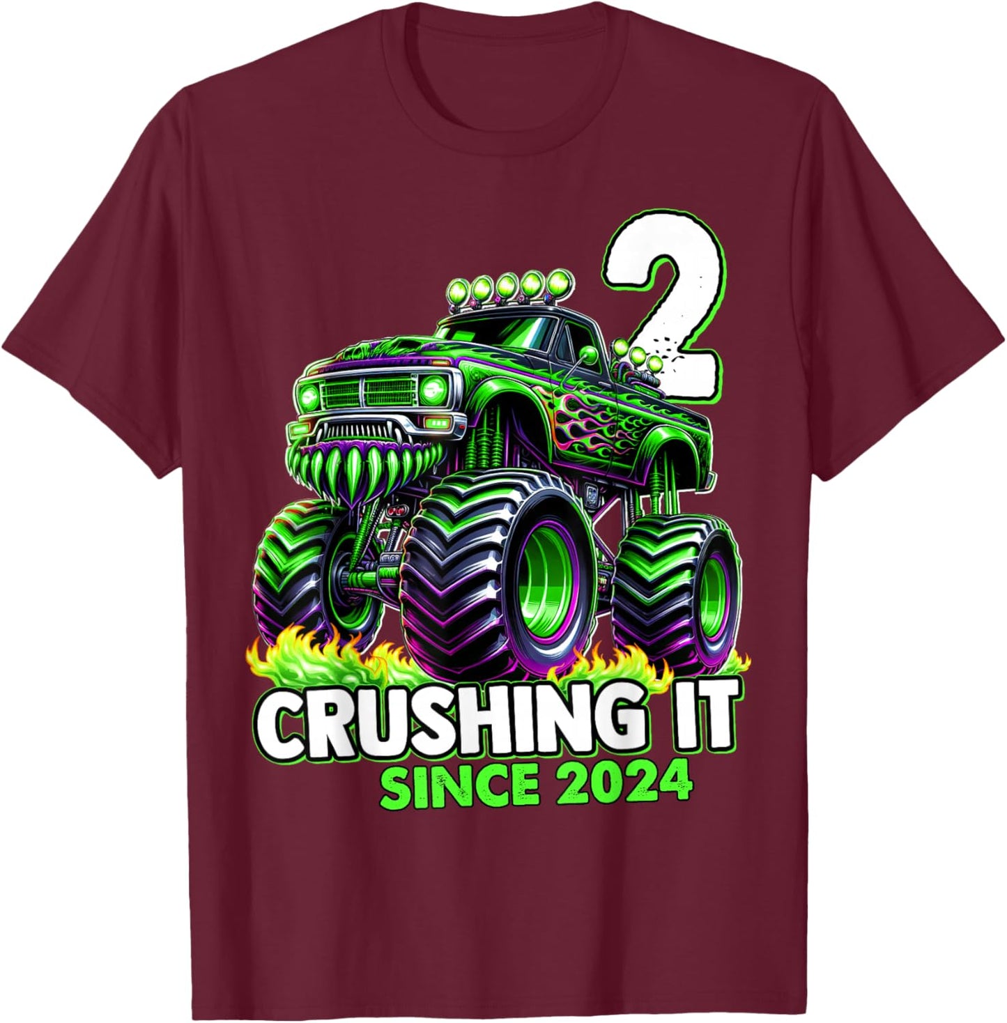 Monster Truck 2nd Birthday Boy Crushing It Since 2024 T-Shirt - T-Shirt | Maroon