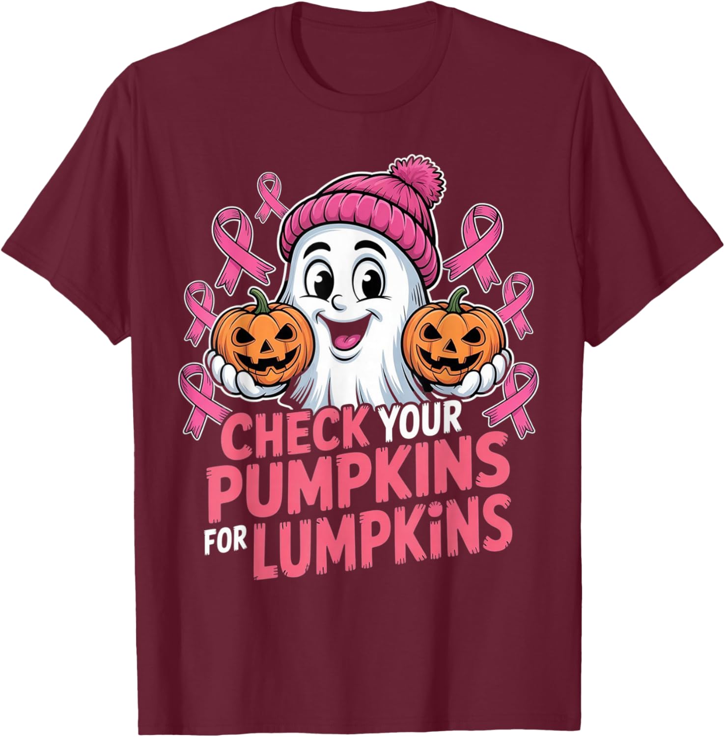 Check Your Pumpkins for Lumpkins Halloween Breast Cancer T-Shirt - T-Shirt | Maroon