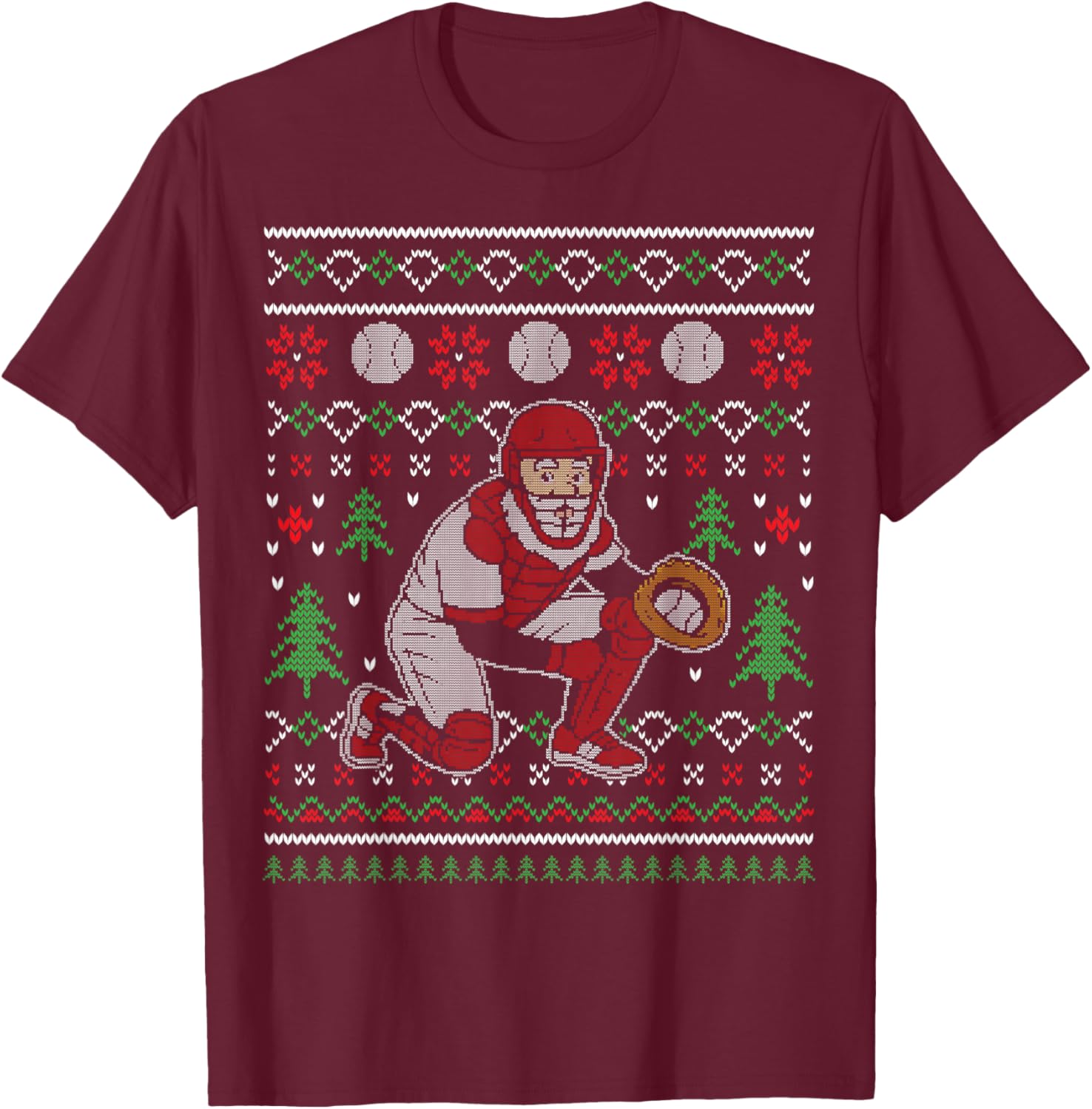 Funny Baseball Catcher Ugly Xmas Sweater Gifts T-Shirt - T-Shirt | Maroon