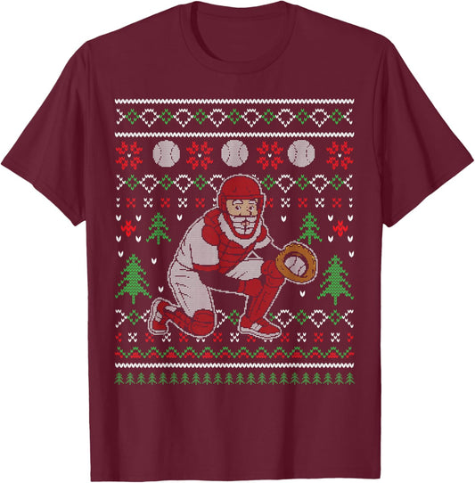 Funny Baseball Catcher Ugly Xmas Sweater Gifts T-Shirt - T-Shirt | Maroon