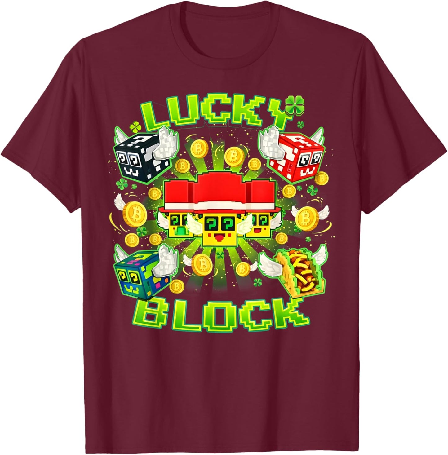 Lucky Block Brainrot St Patricks Day Shamrock Gift Boys Kids T-Shirt - T-Shirt | Maroon