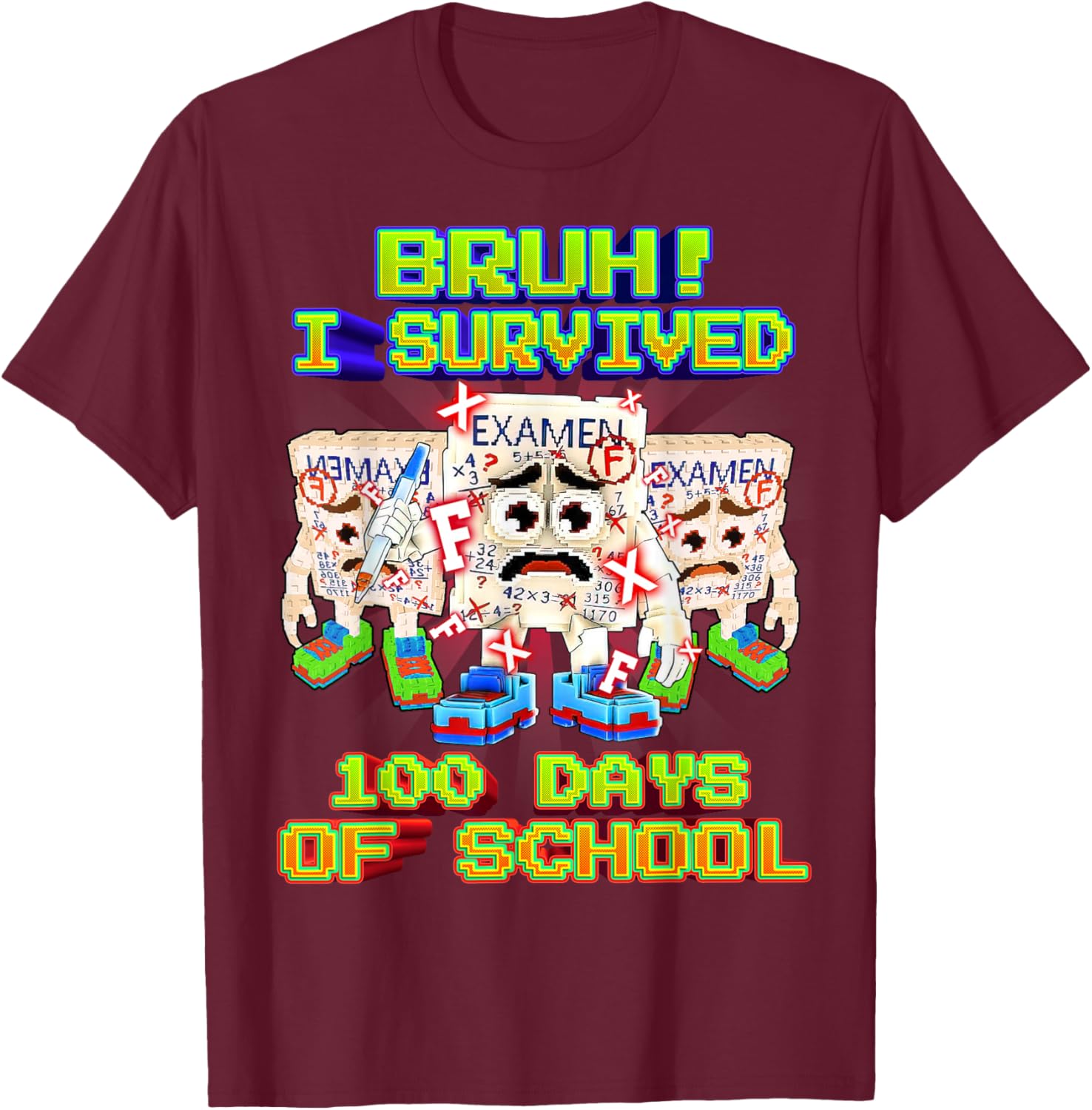 Bruh I Survived 100 Days of School Funny Exam Brainrot T-Shirt - T-Shirt | Maroon