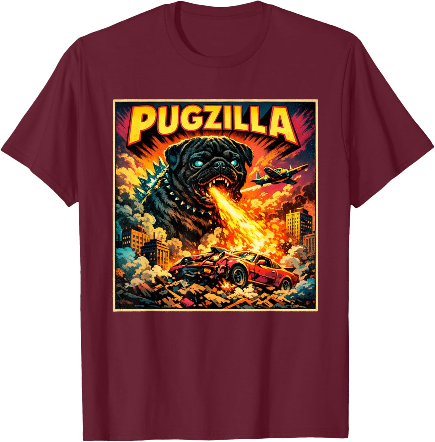 Retro Pugzilla Cute Pug Funny Youth Life from Dad Mom Meme T-Shirt - T-Shirt | Maroon