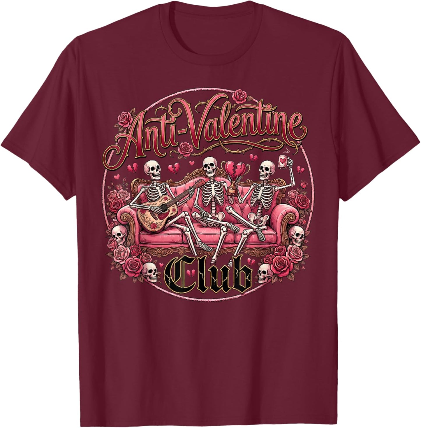 Anti Valentine Club Funny Skeleton Hearts Valentine Costume T-Shirt - T-Shirt | Maroon
