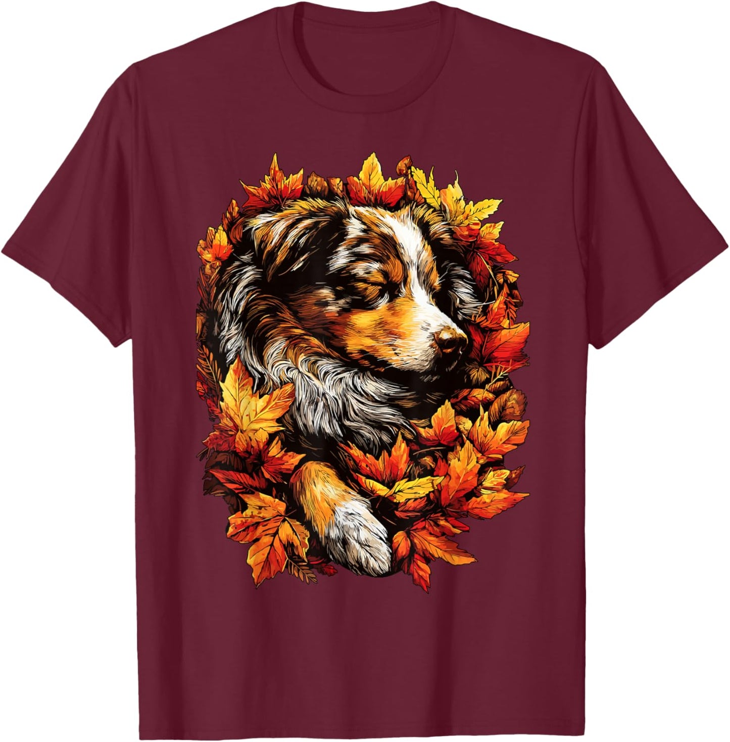 Sleeping Australian Shepherd Fall Leaves Autumn Aesthetic T-Shirt - T-Shirt | Maroon