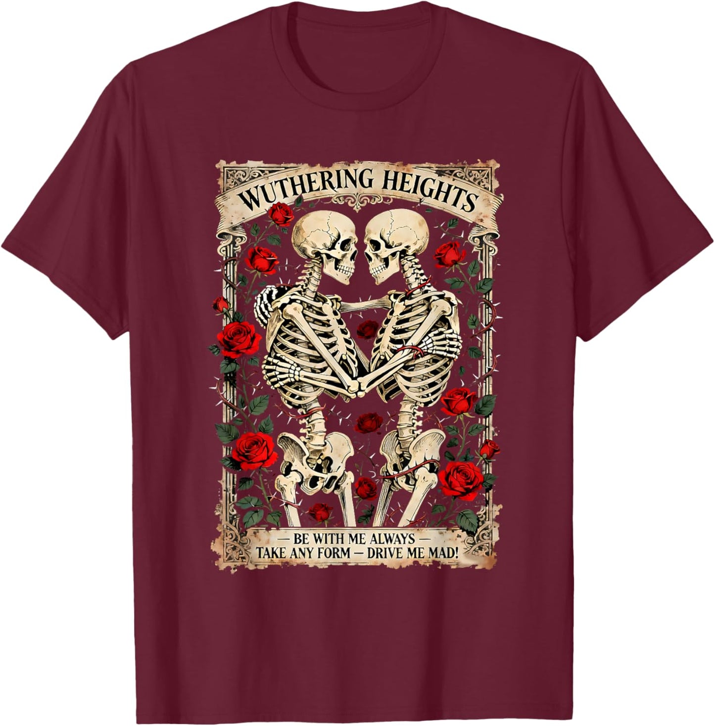 Wuthering Heights Gothic Skull Literary Art T-Shirt - T-Shirt | Maroon