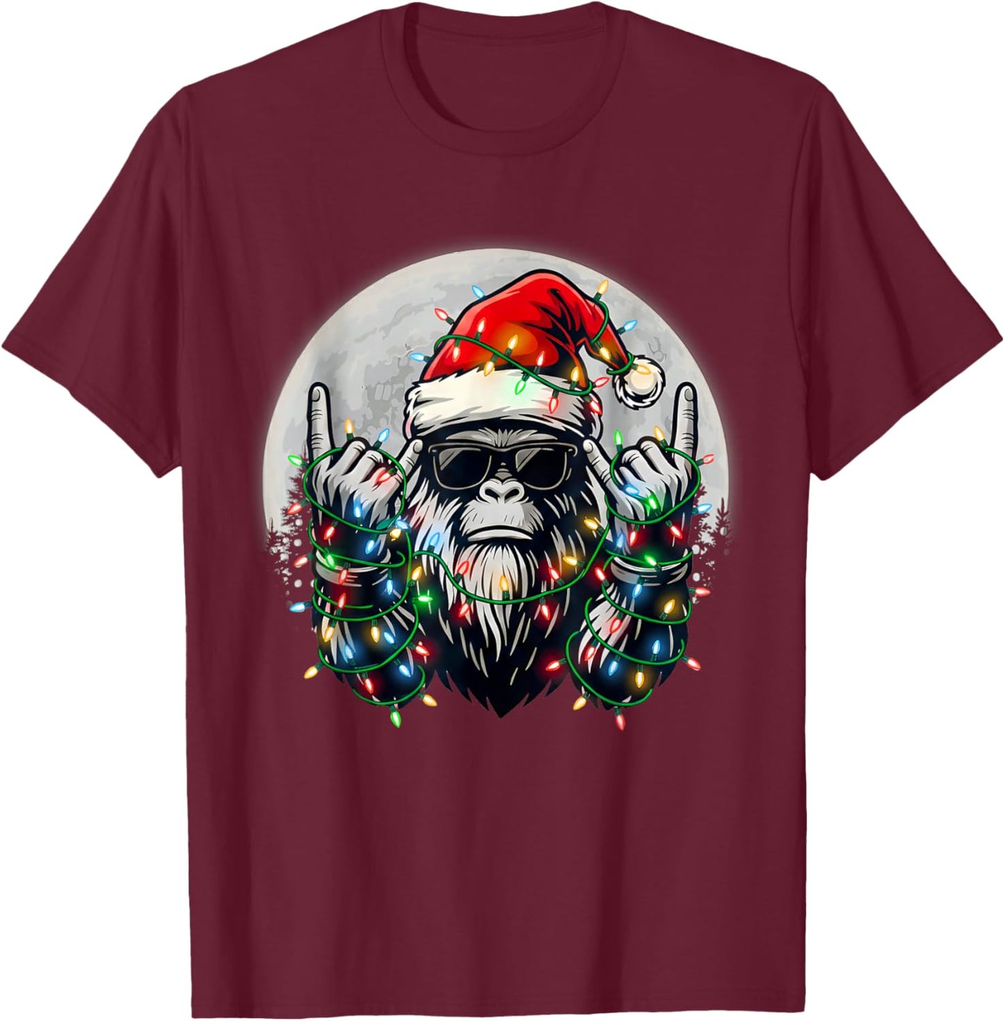Santa Bigfoot Christmas Tree Xmas Lights Funny Sasquatch T-Shirt - T-Shirt | Maroon