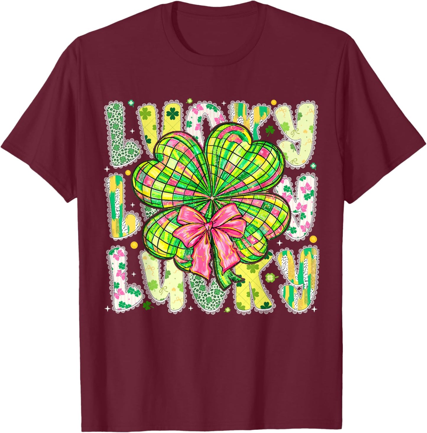 Lucky St Patricks Day Clover Coquette Bow Girl Women Kid T-Shirt - T-Shirt | Maroon