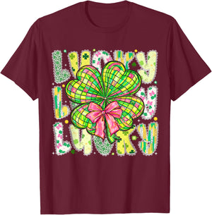 Lucky St Patricks Day Clover Coquette Bow Girl Women Kid T-Shirt - T-Shirt | Maroon