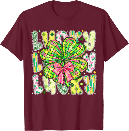 Lucky St Patricks Day Clover Coquette Bow Girl Women Kid T-Shirt - T-Shirt | Maroon