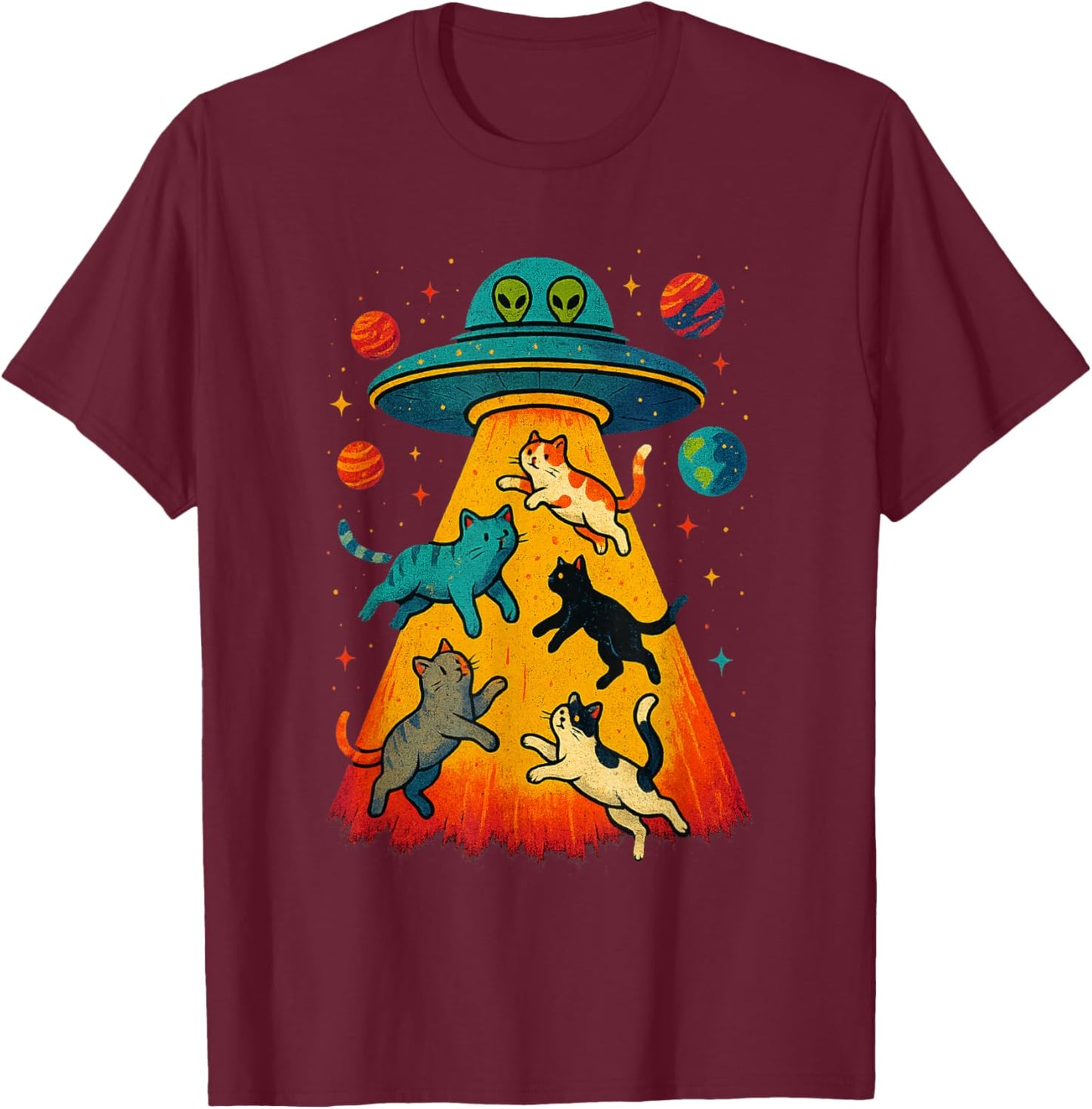 Alien Abduction Cats UFO Flying Saucer Space Girls Kid T-Shirt - T-Shirt | Maroon