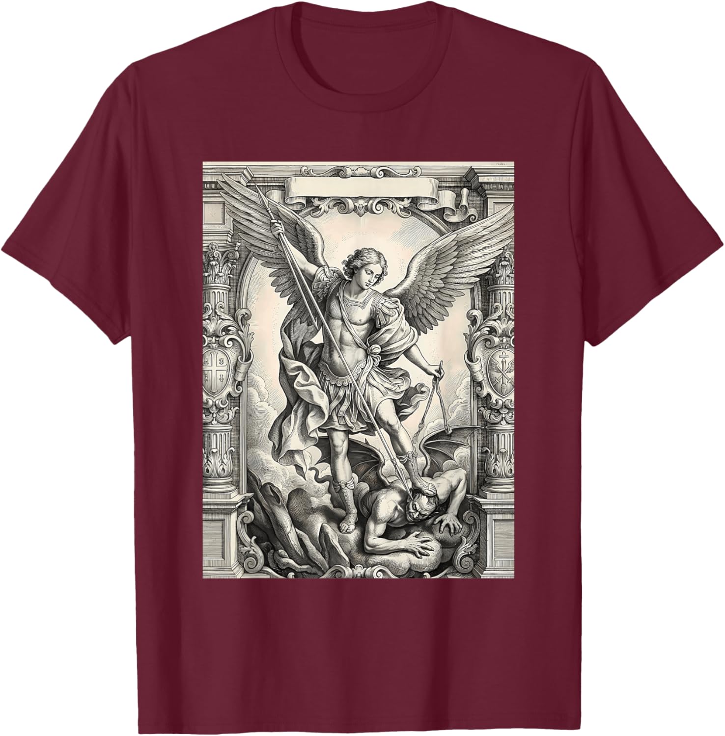 The Archangel Saint Michael Defeating Satan Vintage Graphic T-Shirt - T-Shirt | Maroon