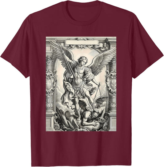 The Archangel Saint Michael Defeating Satan Vintage Graphic T-Shirt - T-Shirt | Maroon